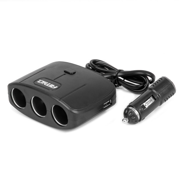 Kolme pesaga pikendusjuhe laadija ja sisse/välja nupuga 2x USB-A 12/24V 100W 70 cm AMIO-04362