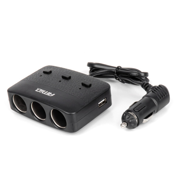 Kolme pesaga pikendusjuhe laadijaga, sisse/välja nupuga ja LED-indikaatoriga 2x USB-A 12/24V 100W 70 cm AMIO-04363