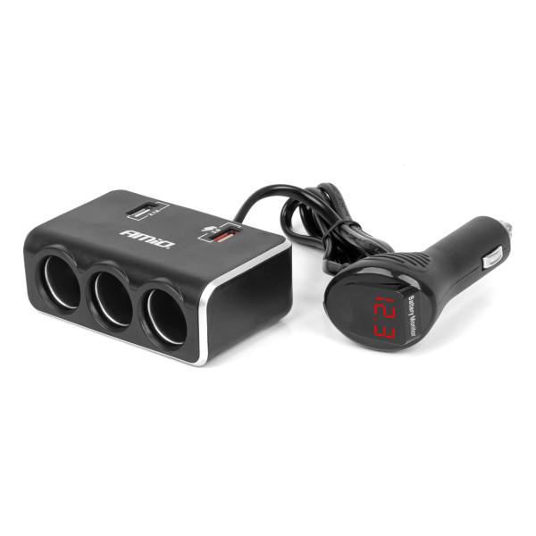 Kolme pesaga pikendusjuhe laadija ja digitaalse ekraaniga 2x USB-A QC 3.0 12/24V 120W 80 cm AMIO-04364
