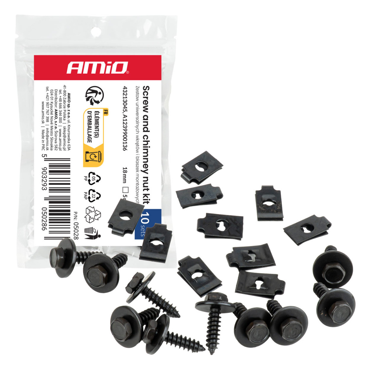 Universaalne kruvide ja kinnitusklambrite komplekt 18 mm, Ø 5 mm, 10 komplekti, AMIO-05028