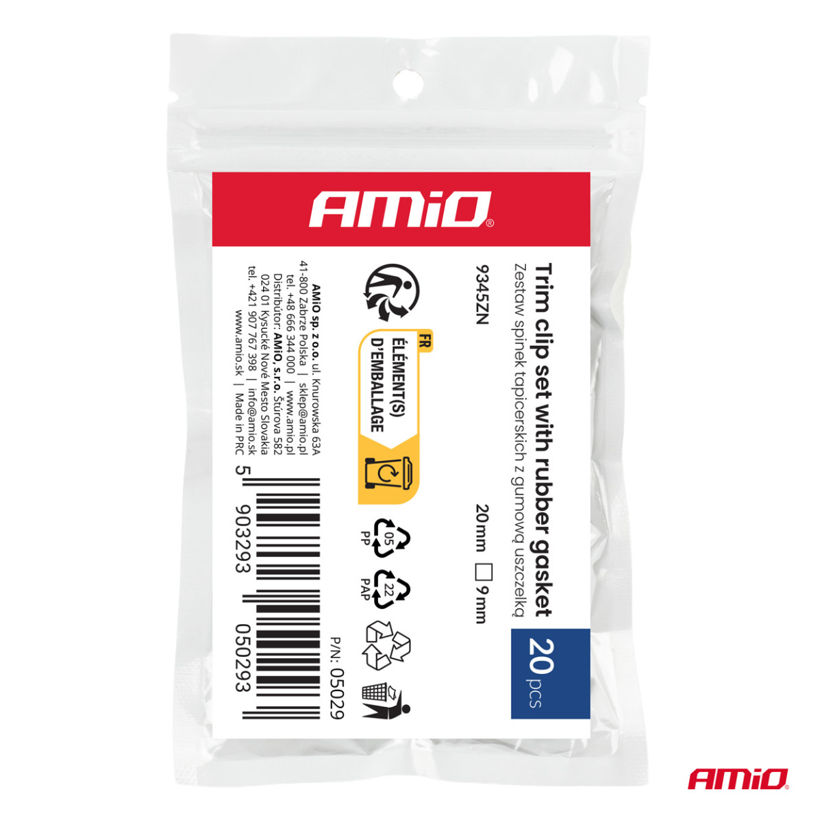 Polsterdusklambrite komplekt kummitihendiga 20 mm, Ø 9 mm, 20 tk, AMIO-05029