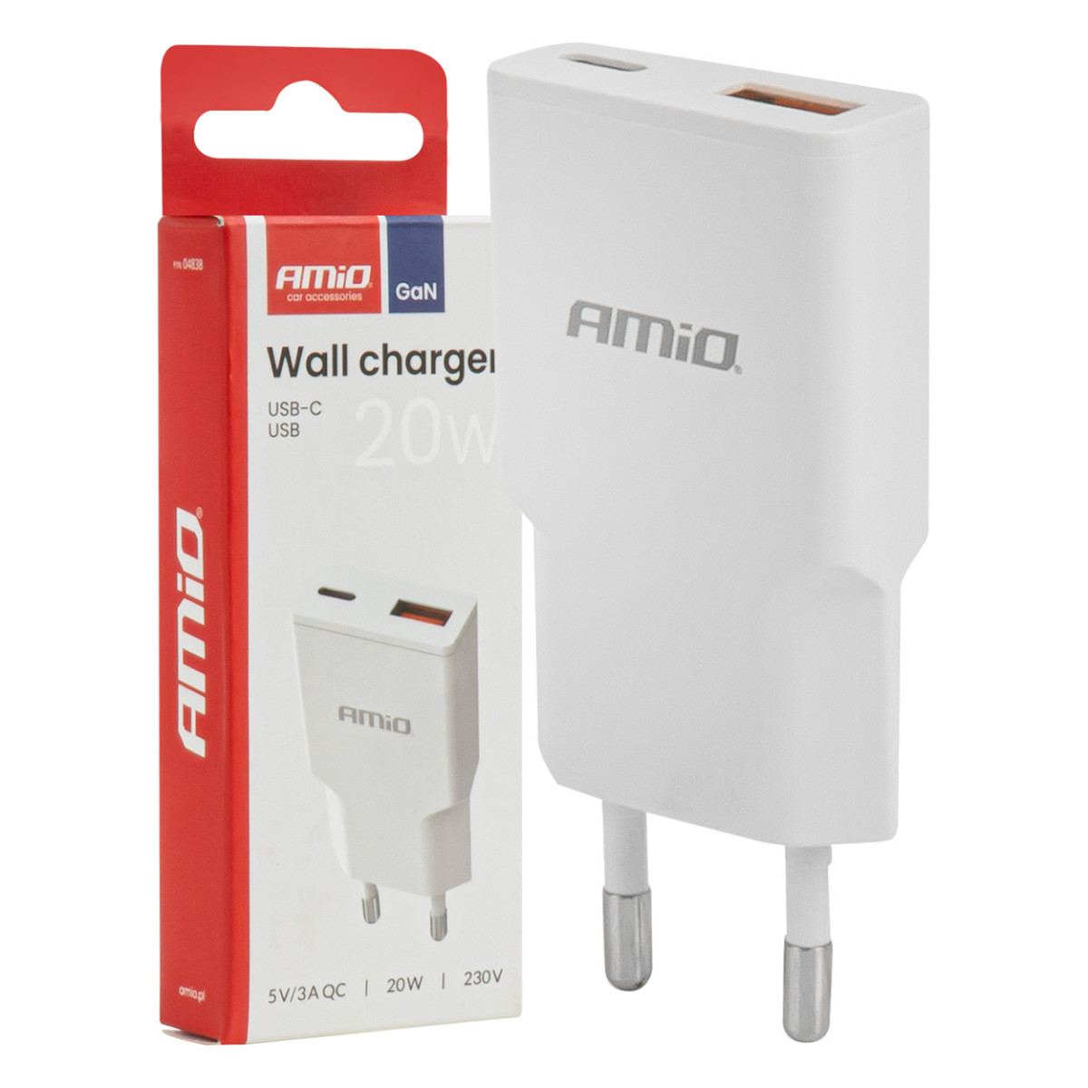 Võrgulaadija 230V 20W GaN USB-C USB-A AMIO-04838