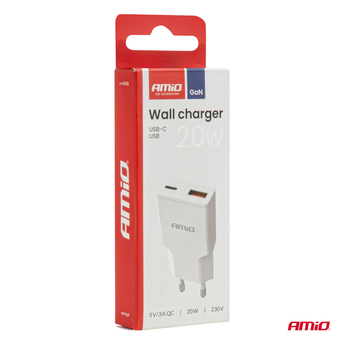 Võrgulaadija 230V 20W GaN USB-C USB-A AMIO-04838