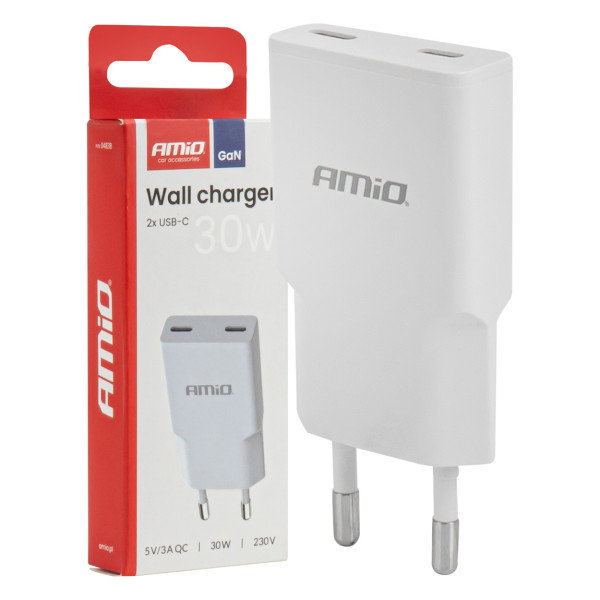 Võrgulaadija 230V 30W GaN 2x USB-C AMIO-04839