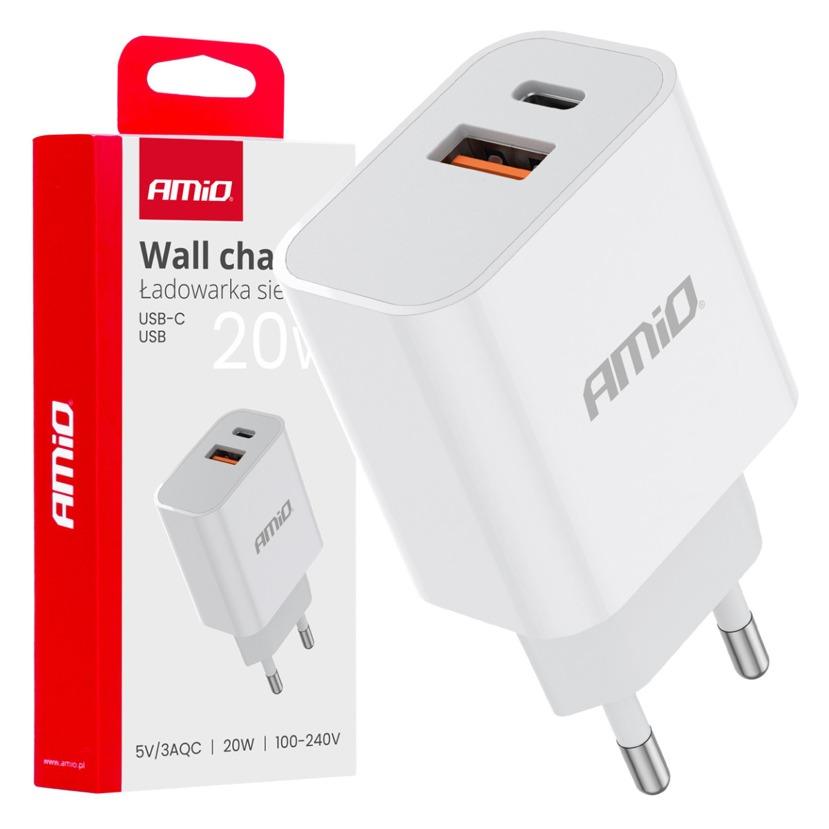 Seinalaadija PCH PRO-09 USB+USB-C 20W kiirlaadimine 230V