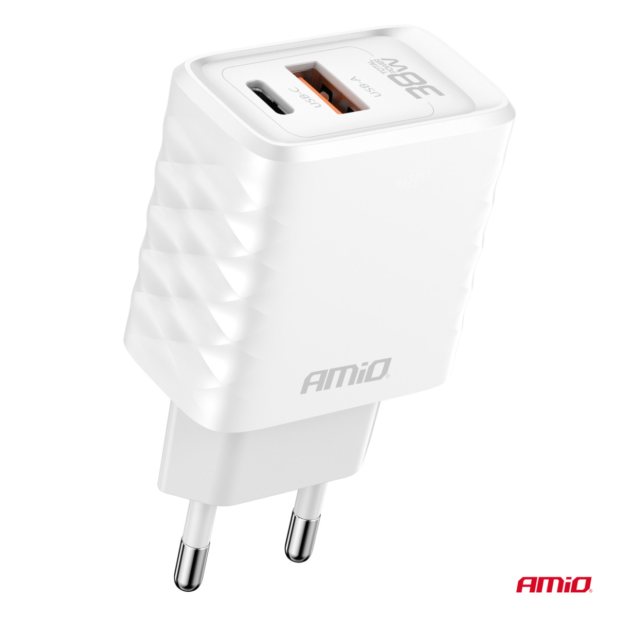 Seinalaadija kiirlaadija GaN 38W USB-A + USB-C AMIO-04287