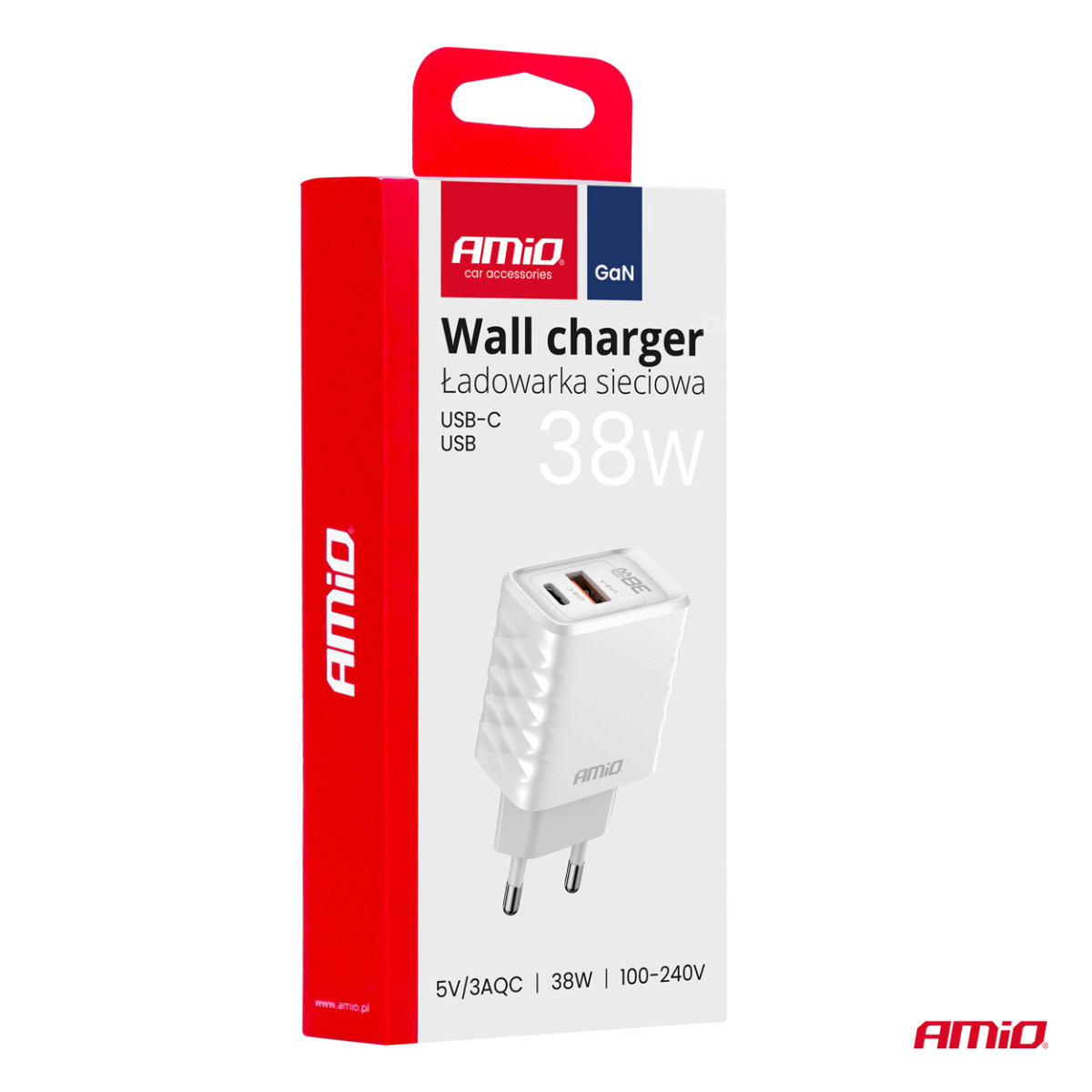 Seinalaadija kiirlaadija GaN 38W USB-A + USB-C AMIO-04287