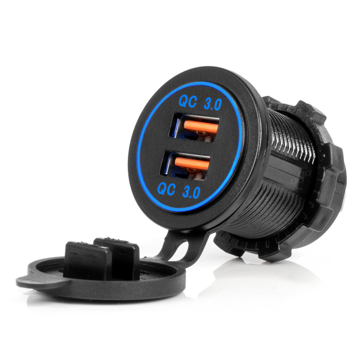 Veekindel telefonilaadija sinise LED-valgustusega, 2xUSB QC3.0 12/24V AMIO-04218