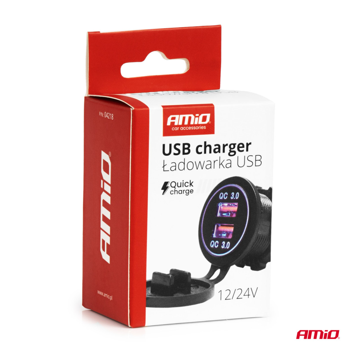 Veekindel telefonilaadija sinise LED-valgustusega, 2xUSB QC3.0 12/24V AMIO-04218