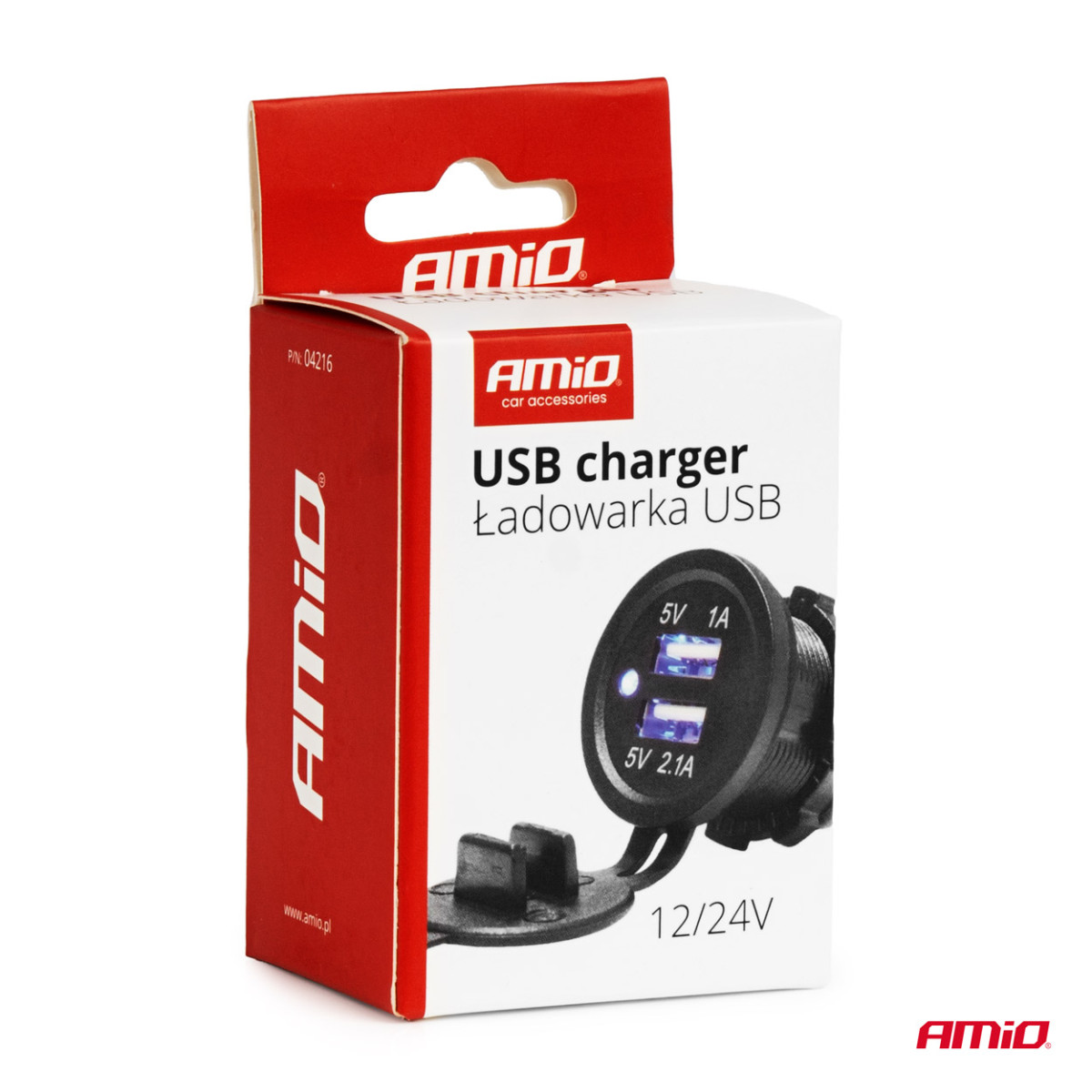 Veekindel telefonilaadija sinise LED-indikaatoriga 3.1A, 2xUSB 12/24V AMIO-04216