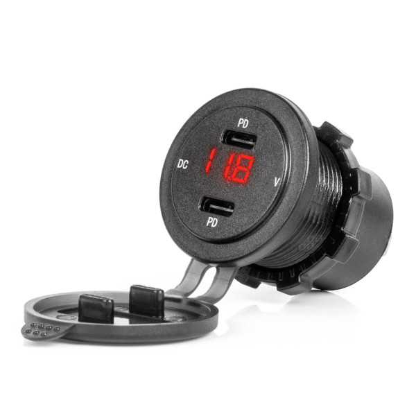 Veekindel telefonilaadija digitaalse voltmeetri ja punase LED-indikaatoriga, 2xUSB-C 12/24V AMIO-04225