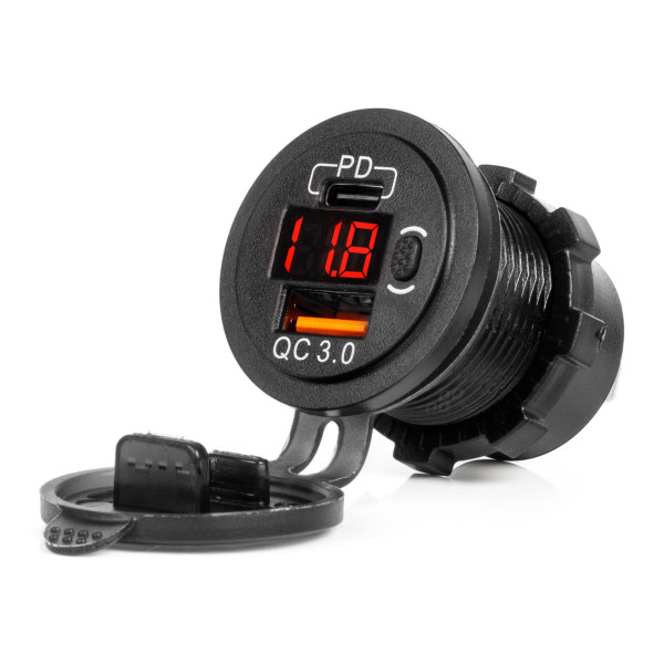 Veekindel telefonilaadija digitaalse voltmeetri ja punase LED-indikaatoriga, USB + USB-C QC3.0 12/24V AMIO-04222