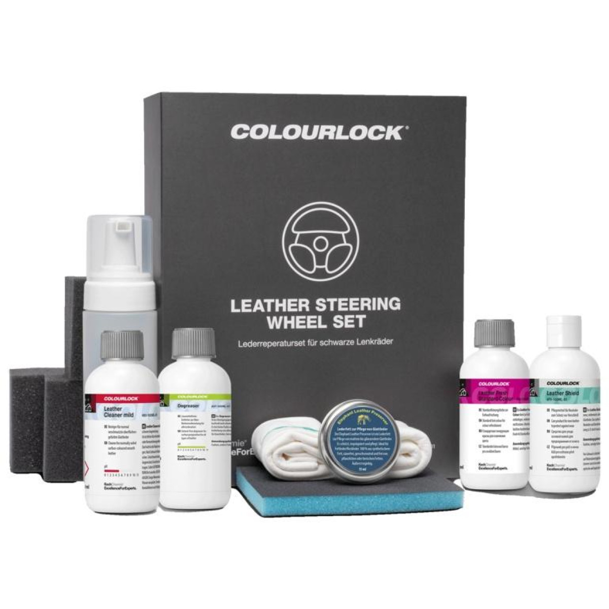 KOCH CHEMIE COLOURLOCK Leather Steering Wheel Set, musta nahkkattega rooli uuenduskomplekt